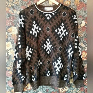 Vintage London Fog Brown Geometric Acrylic Sweater size Large